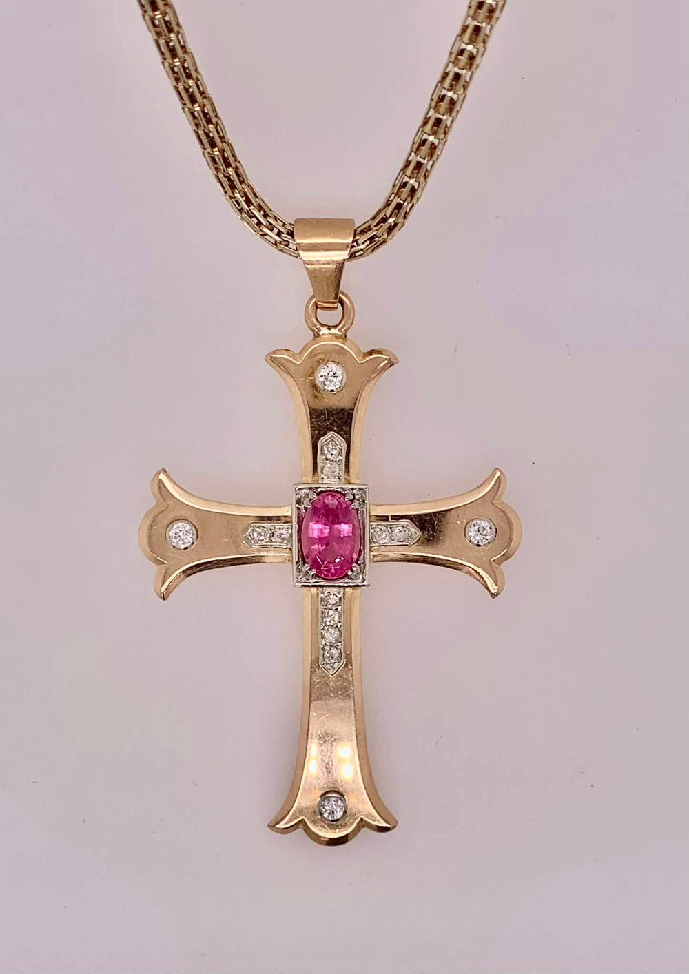 Estate 18K Gold Pink Sapphire & Diamond Cross Pendant