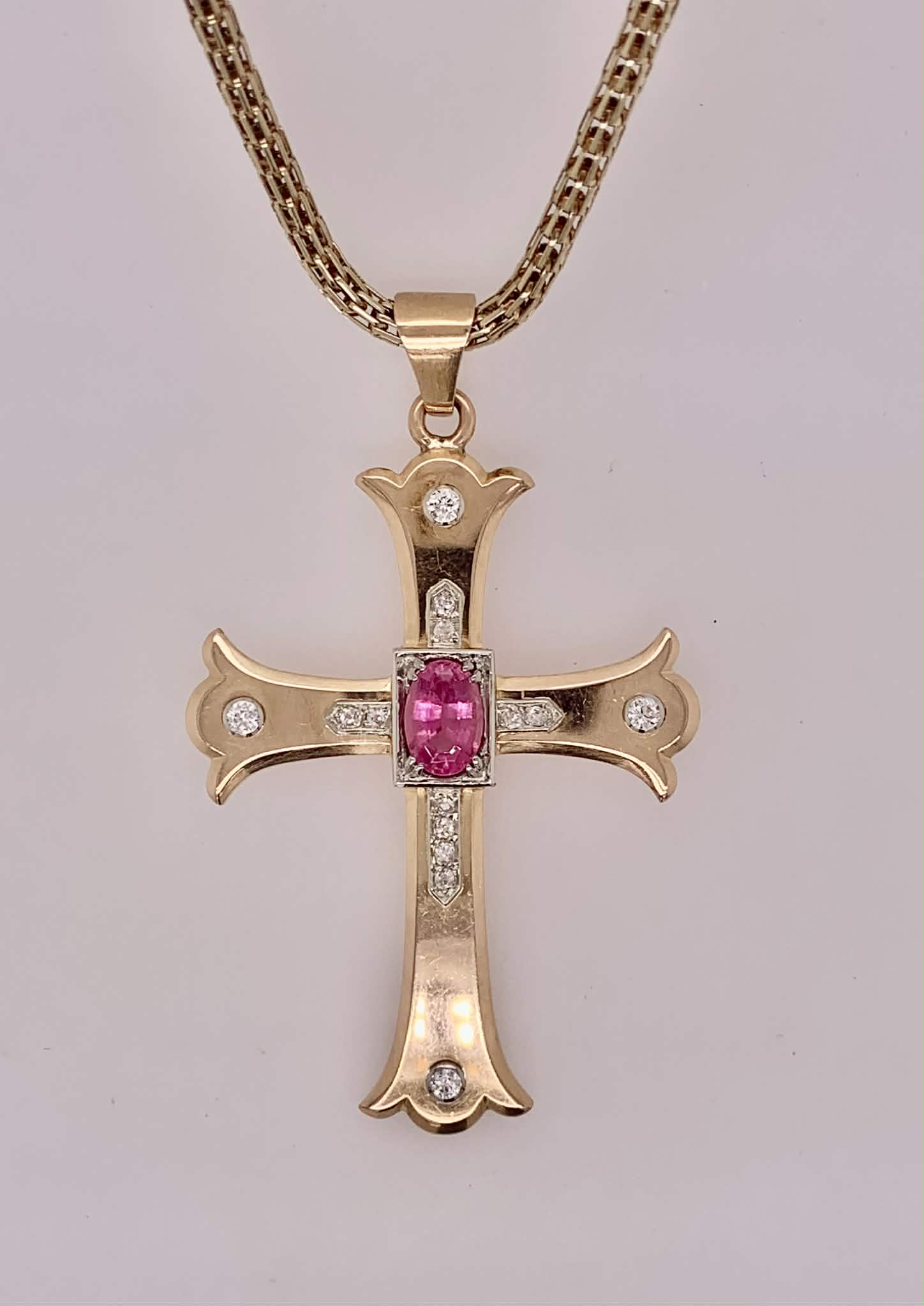 Estate 18K Gold Pink Sapphire & Diamond Cross Pendant