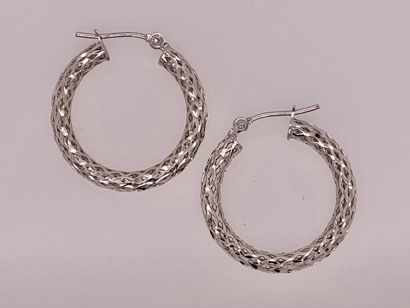14K White Gold Diamond Cut Hoop Earrings