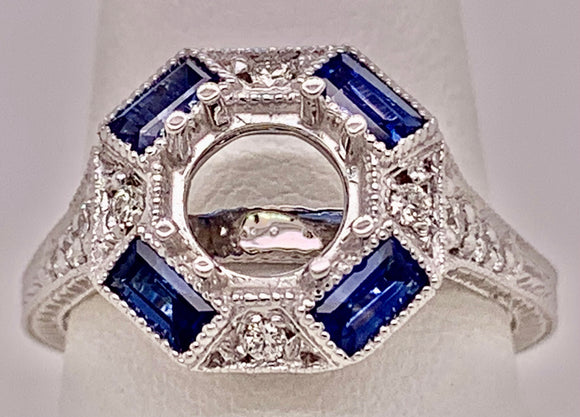 14K White Gold Diamond & Sapphire Semi Mount Ring