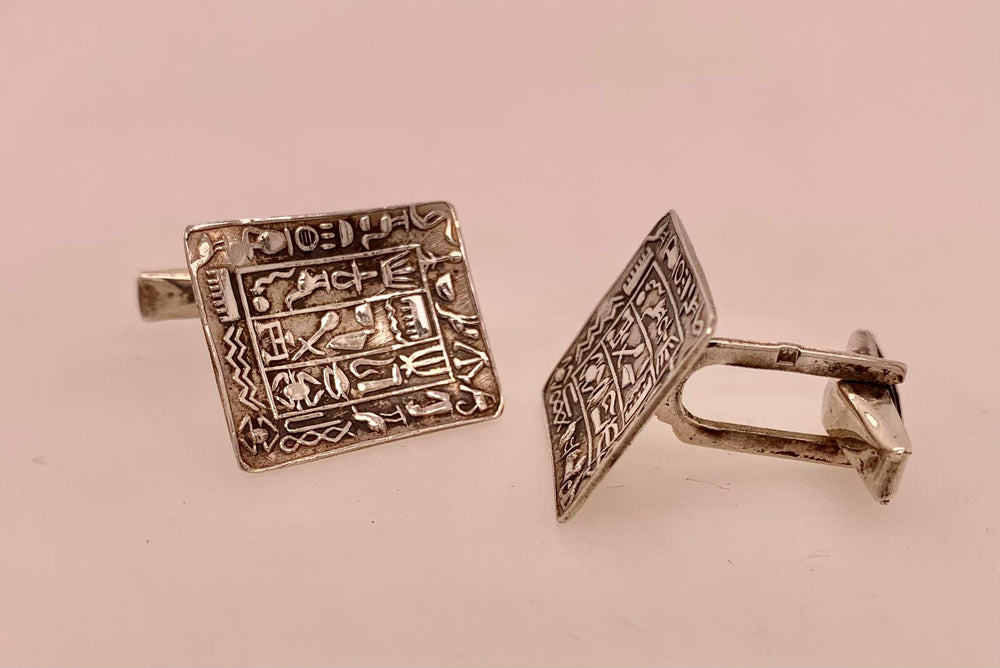 Vintage Sterling Silver Egyptian Hieroglyphics Cuff Links