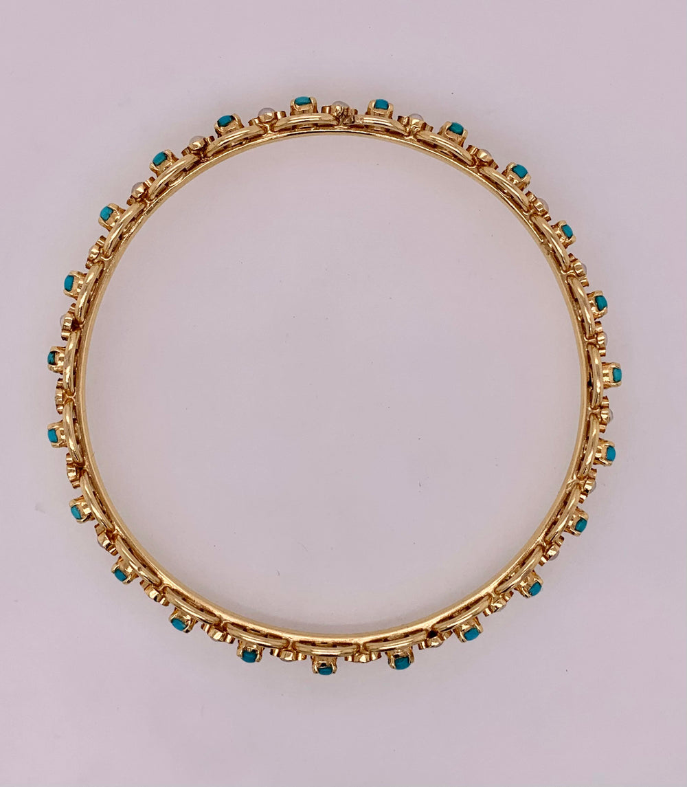 Estate 14K Gold Turquoise & Pearl Bangle Bracelet