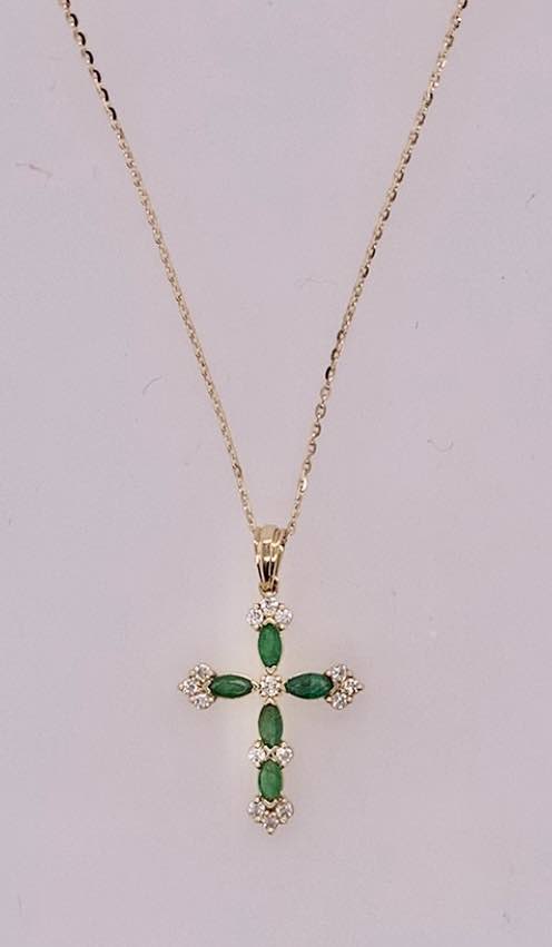 14K Emerald & Diamond Cross Necklace