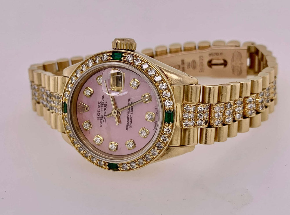 18K Gold Ladies Diamond & Emerald Rolex Watch