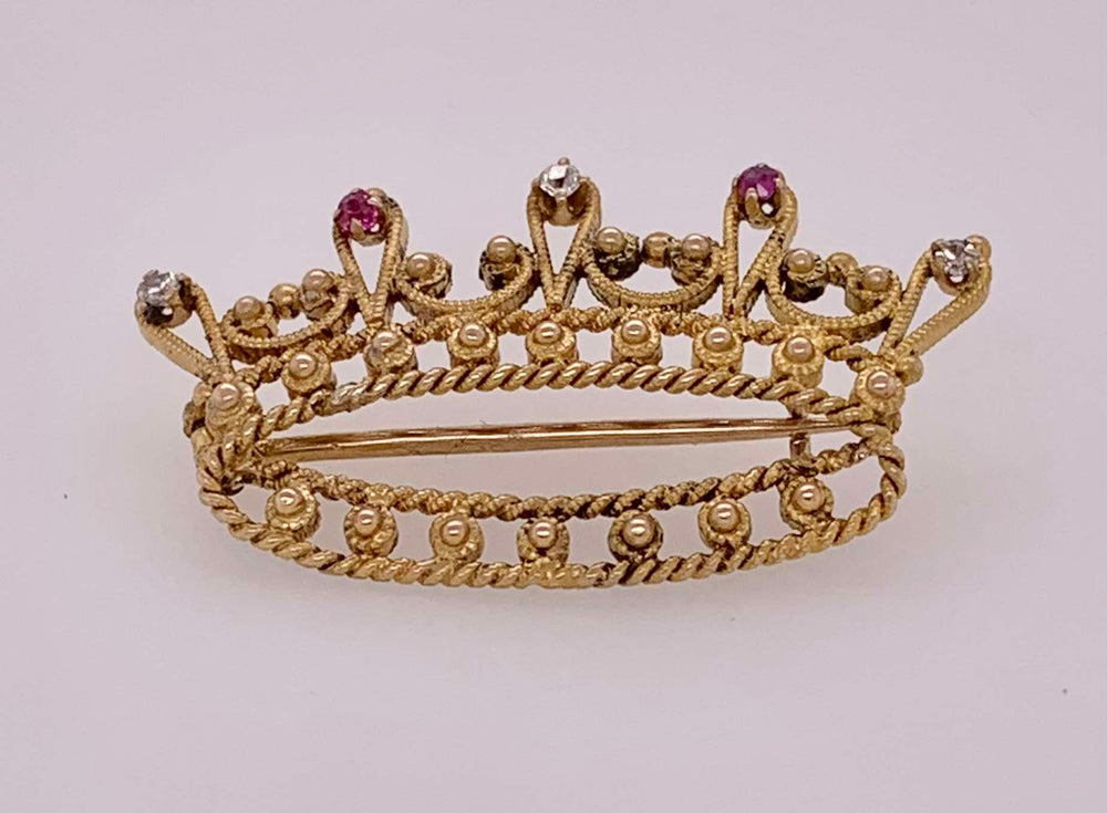 14K Estate Diamond & Ruby Crown Brooch