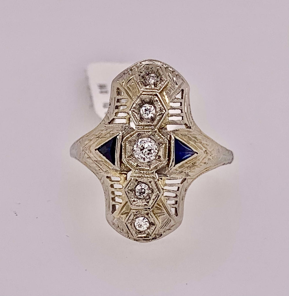 18K Estate Synthetic Sapphire & Diamond Ring