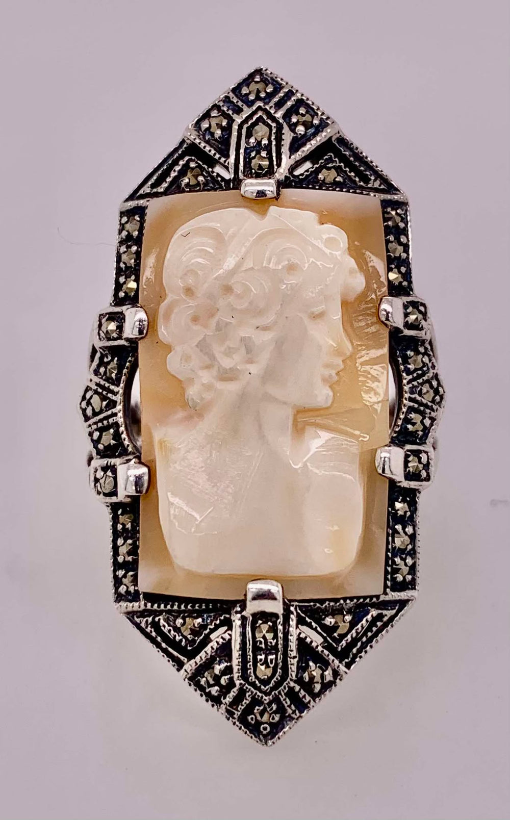 Estate Sterling Silver Faux Cameo & Marcasite Ring