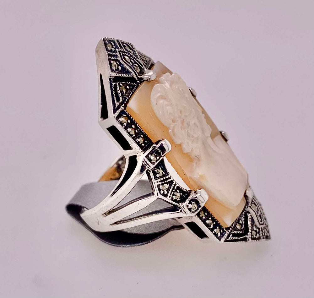 Estate Sterling Silver Faux Cameo & Marcasite Ring
