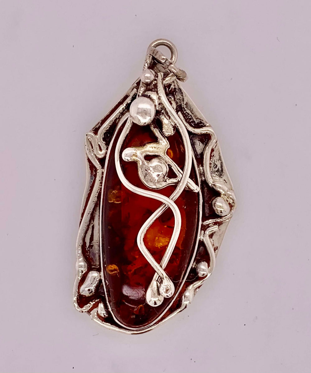 Estate Sterling Silver & Amber Color Stone Pendant