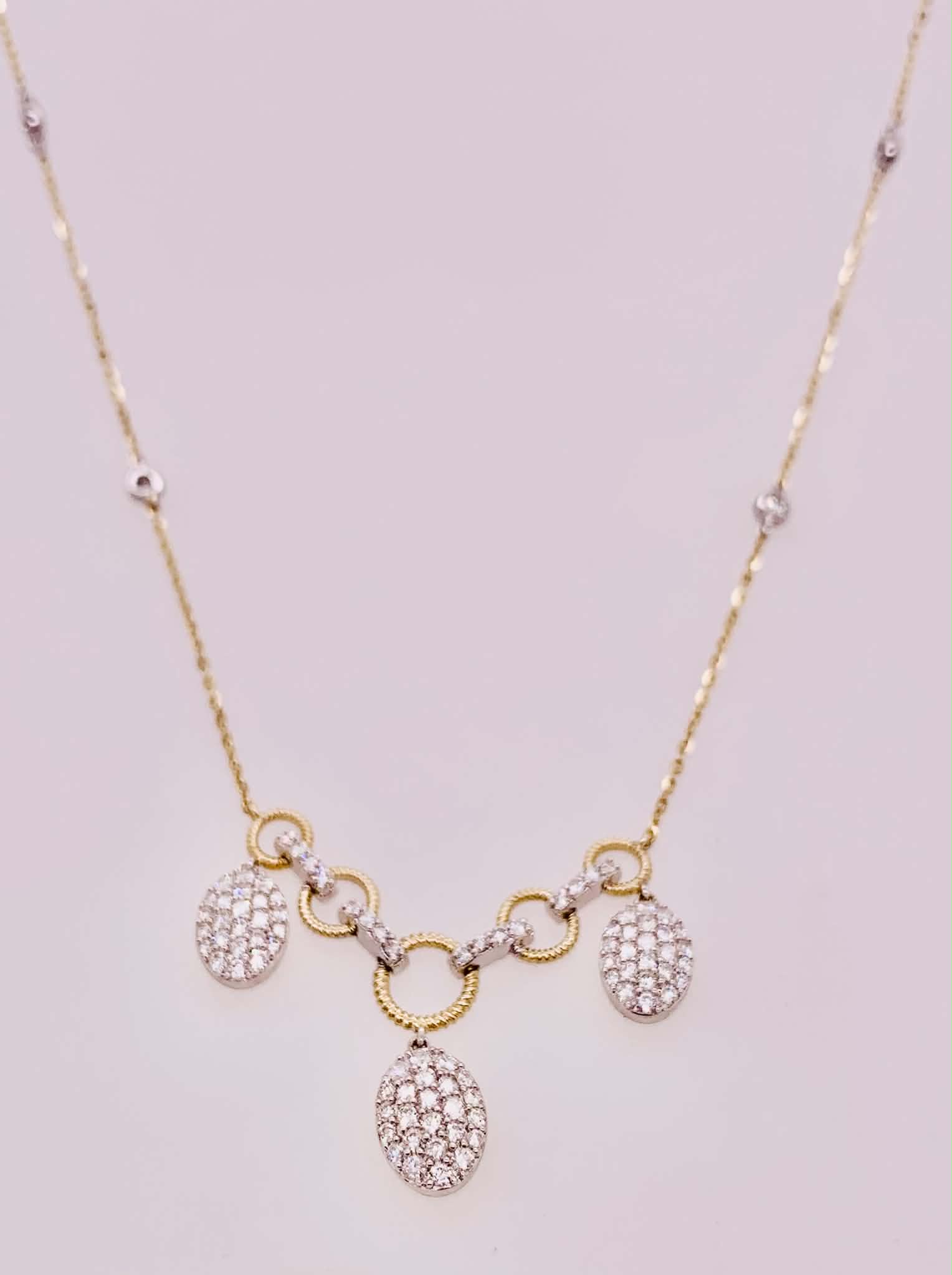14K Two Tone Diamond Dangle Station Necklace