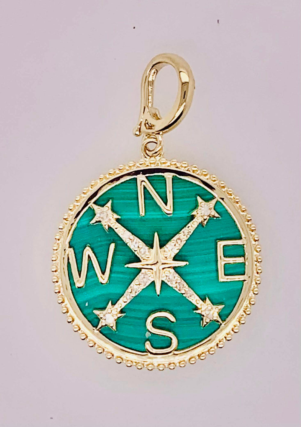 14K Gold Malachite & Diamond Compass Charm