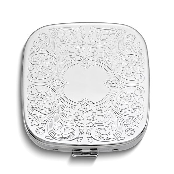 Silver-Tone Square Scrolled Pillbox with Mirror