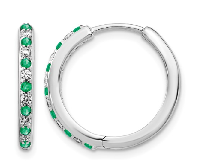 14K White Gold Emerald & Diamond Hoop Earrings
