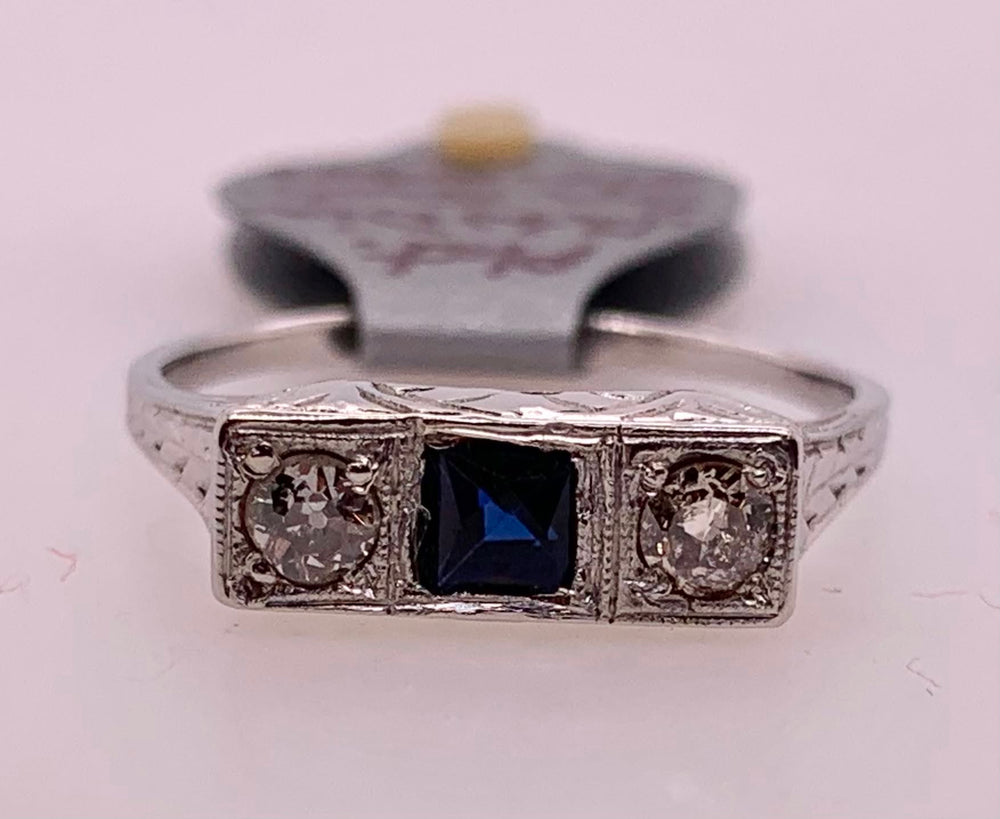 Estate Platinum Art Deco Diamond & Sapphire Ring