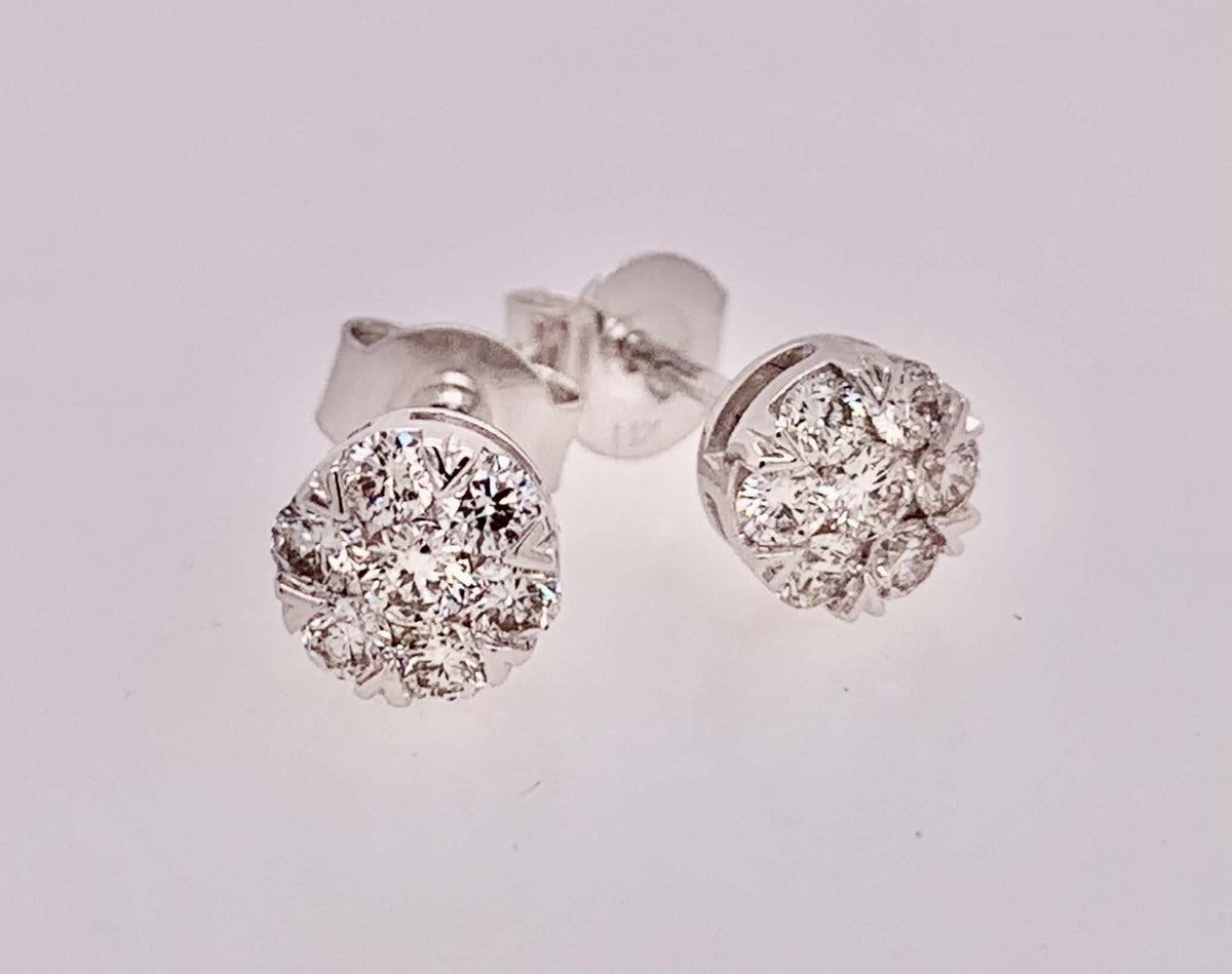14K White Gold Diamond Cluster Earrings