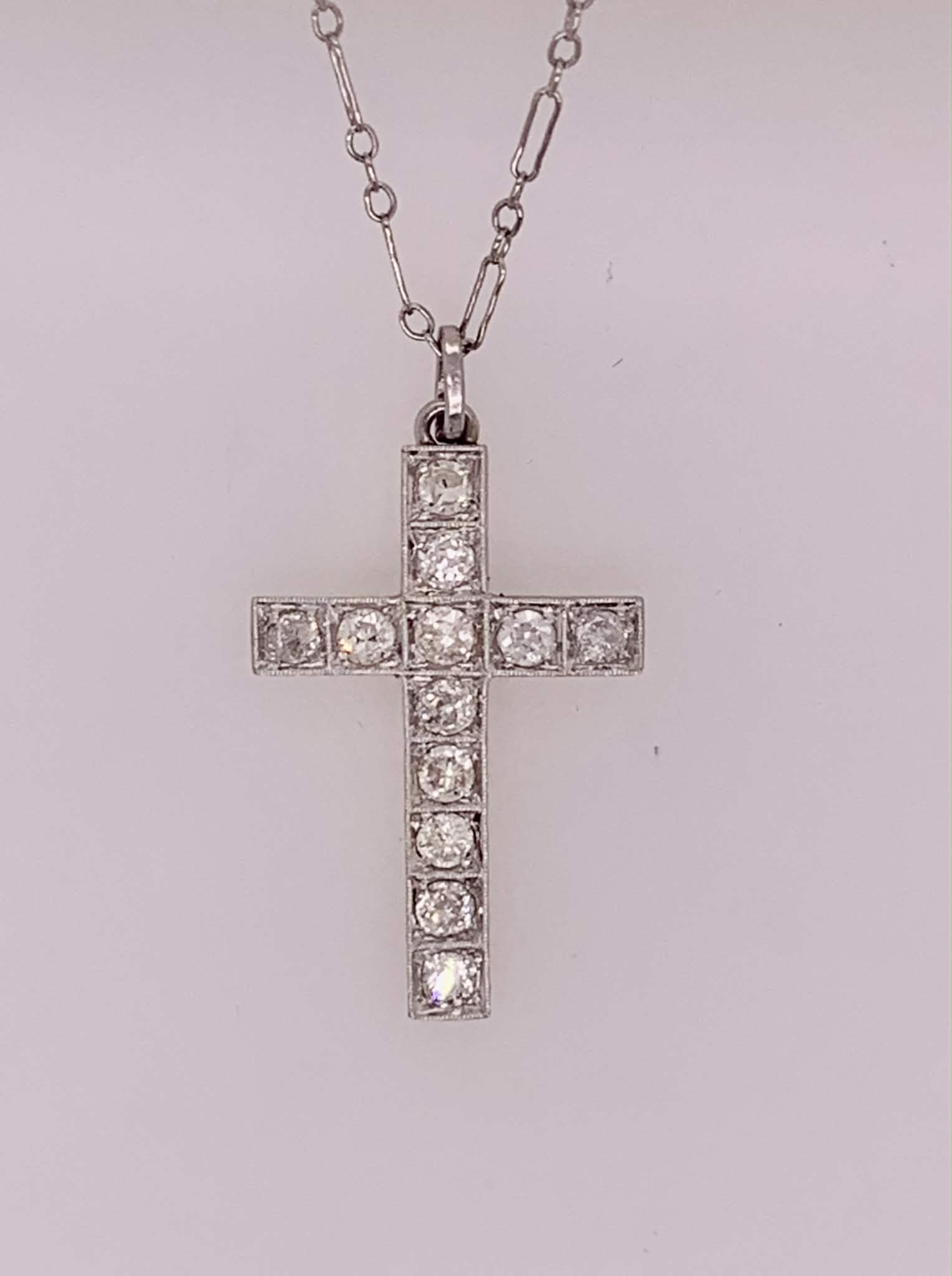 Estate Platinum European Cut Diamond Cross Pendant