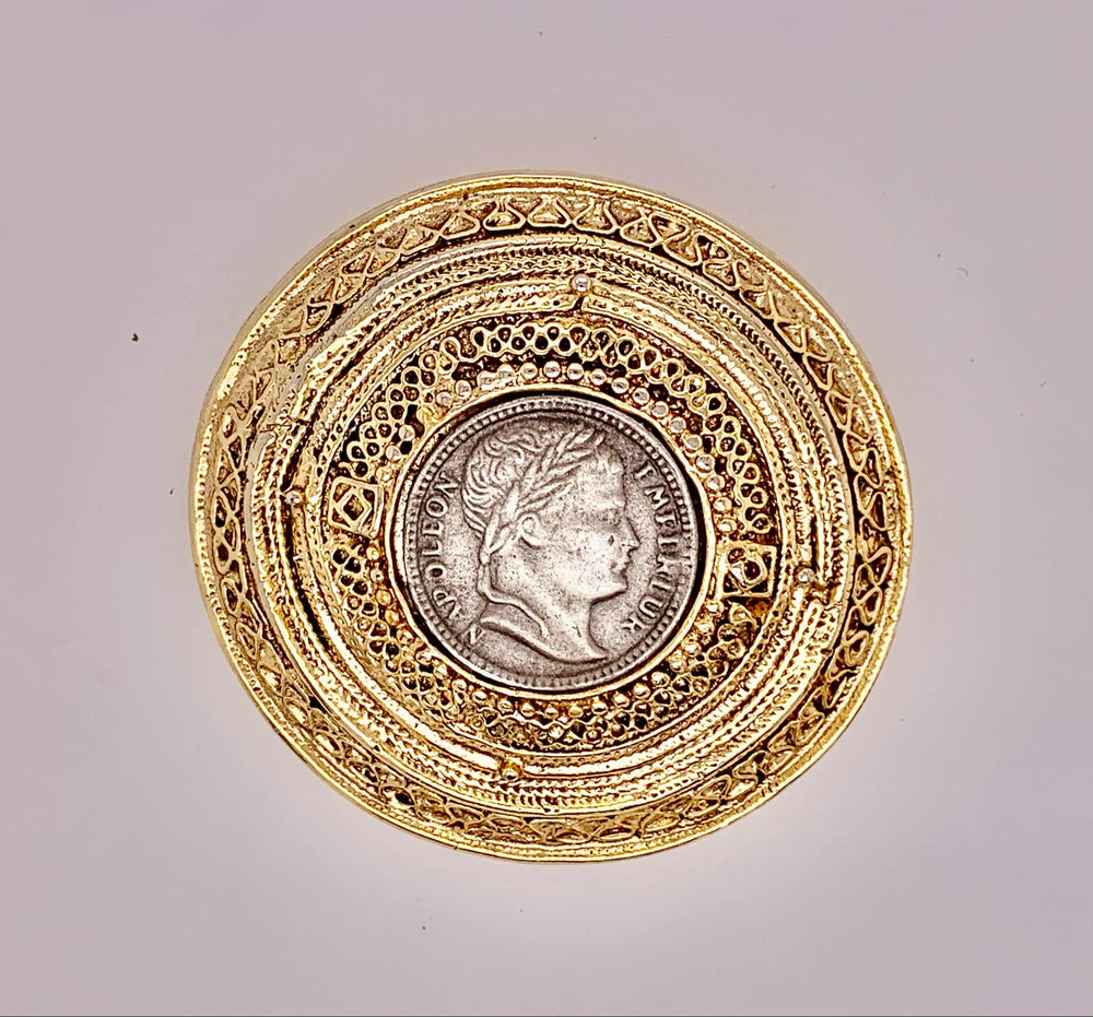 Vintage Napoleon Emperor Gold Tone Coin Brooch Pin