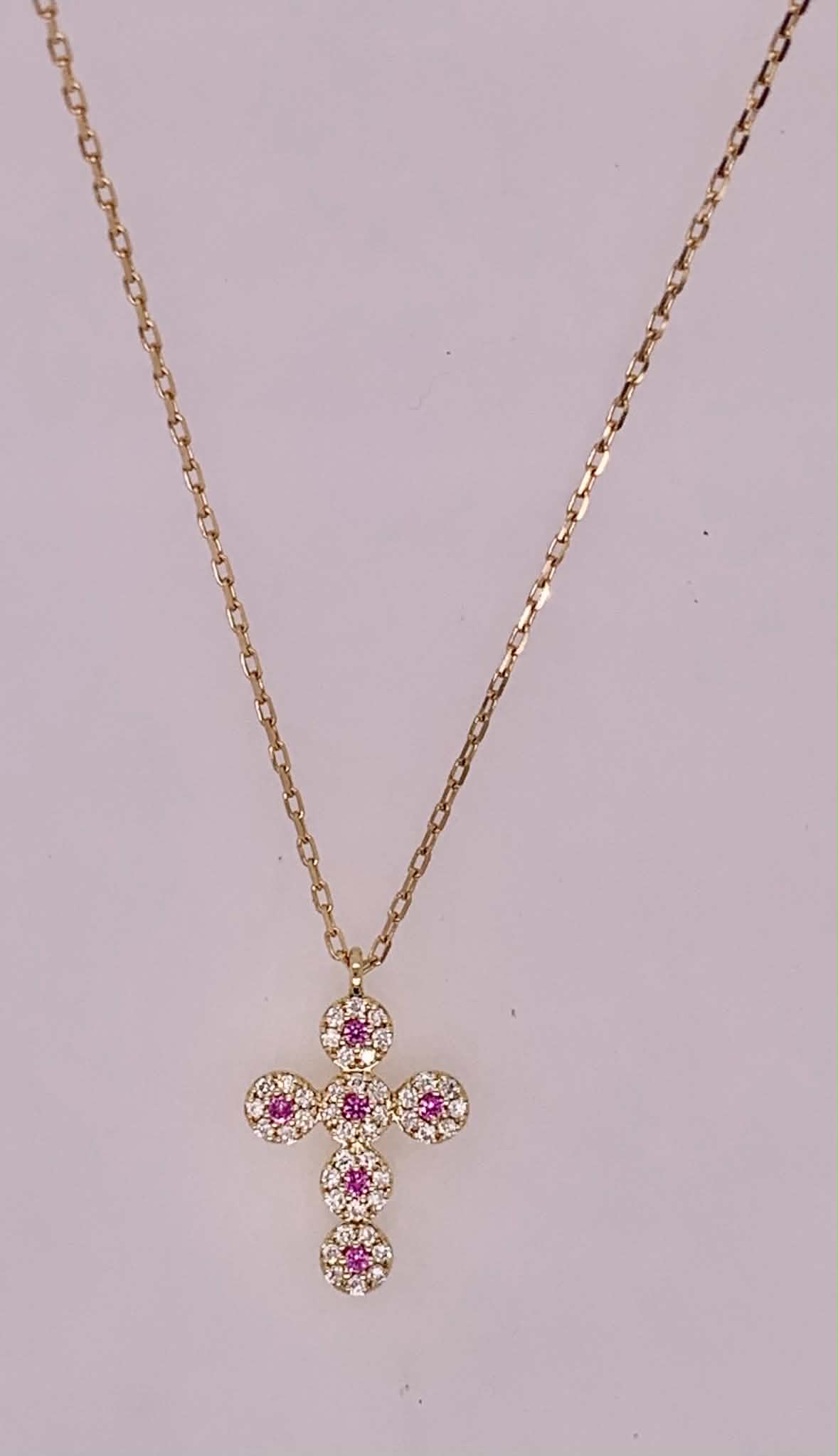18K Diamond & Pink Sapphire Cross Necklace