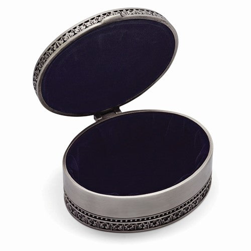 Pewter-tone Finish Hinged Lid Velveteen Lined Oval Floral Jewelry Box