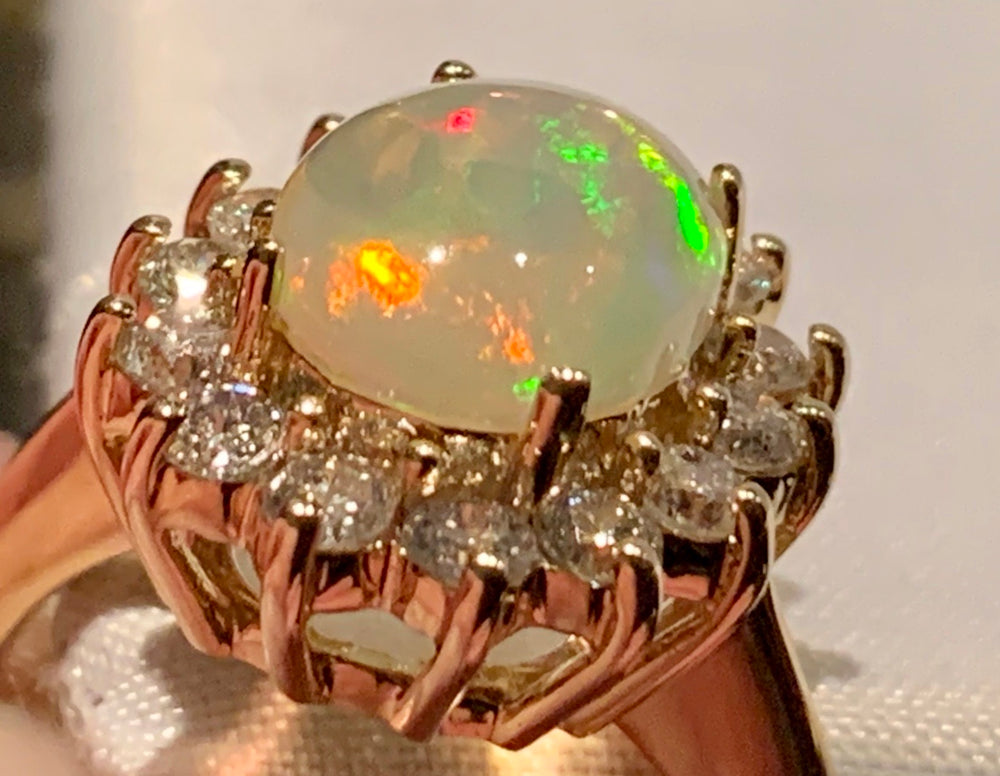 14K Yellow Gold Opal and Diamond Ring