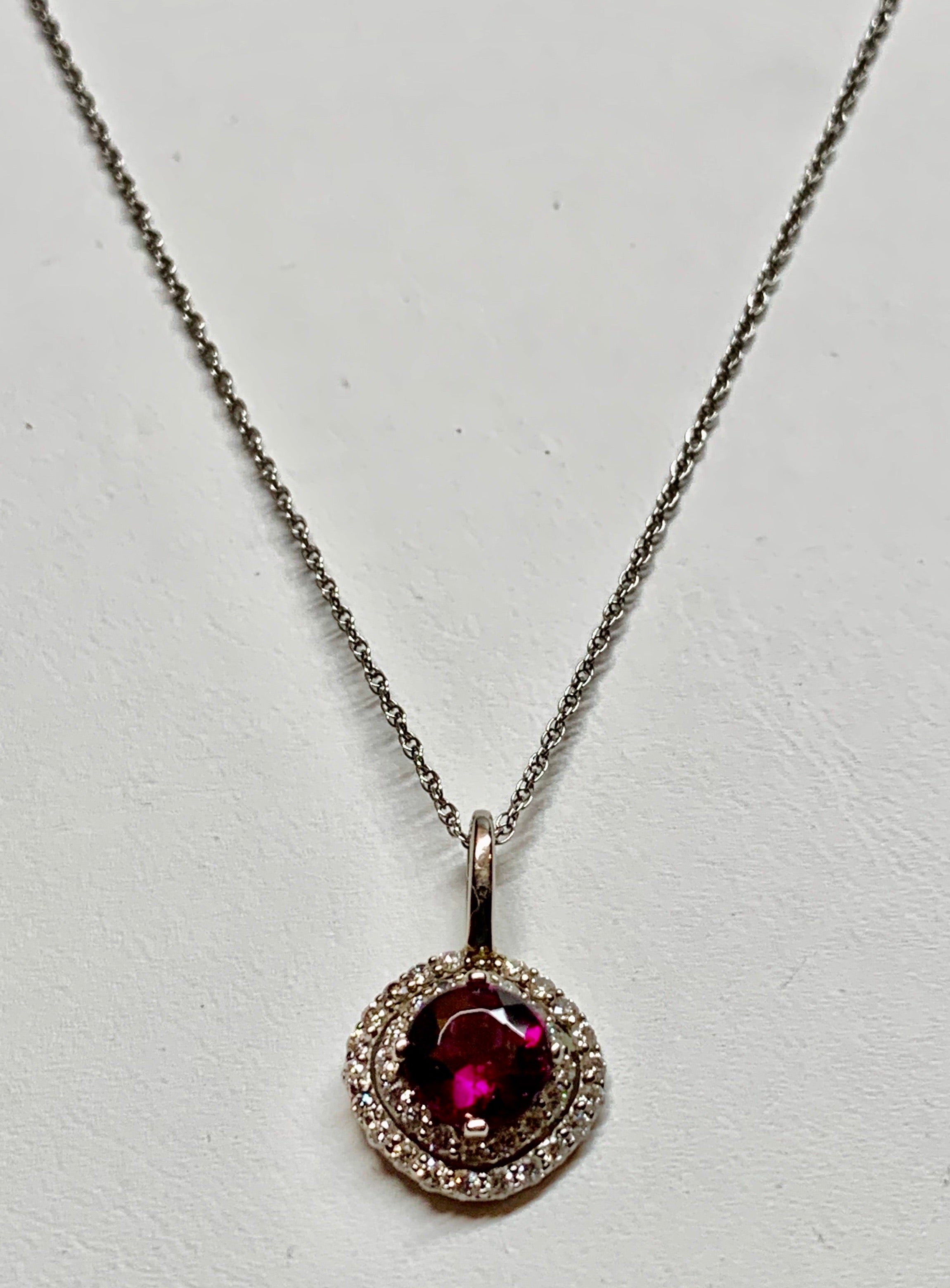 14K White Gold Garnet & Diamond Pendant