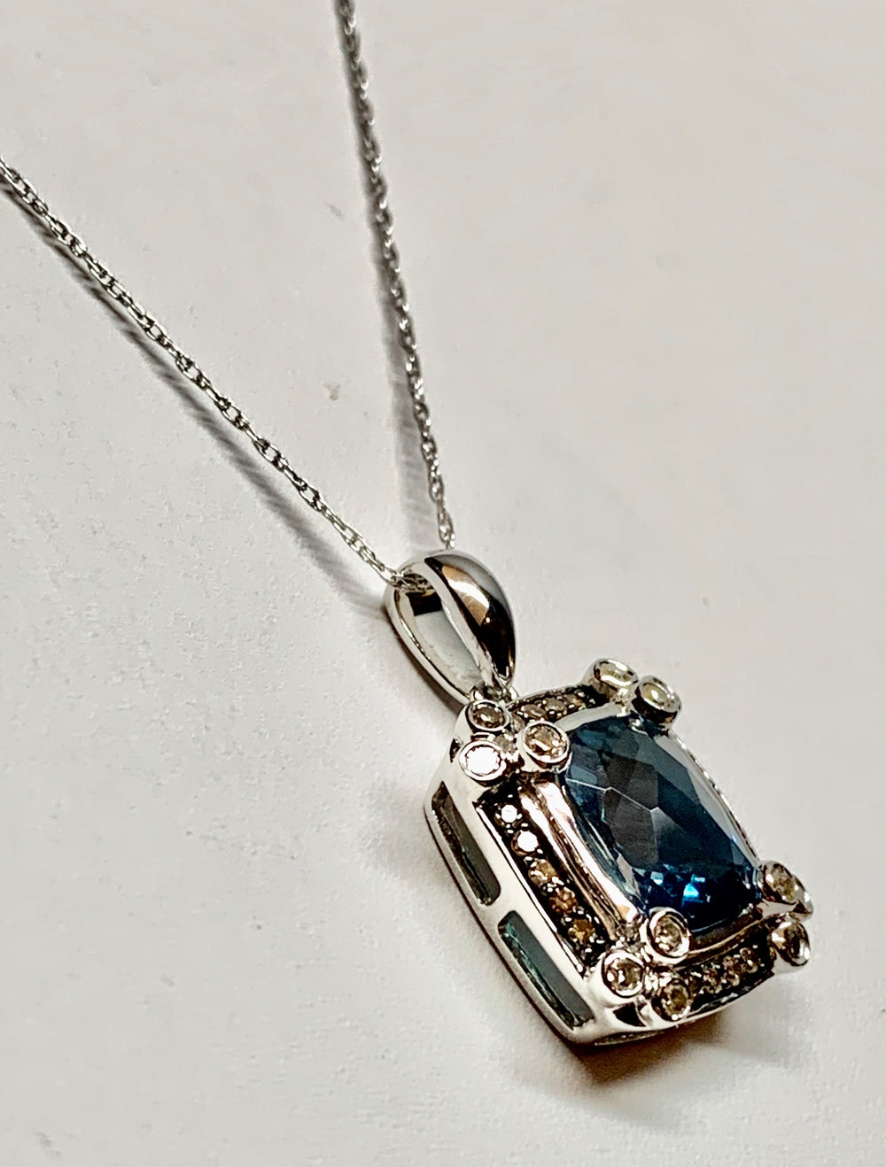 14K White Gold Blue Topaz & Diamond Pendant