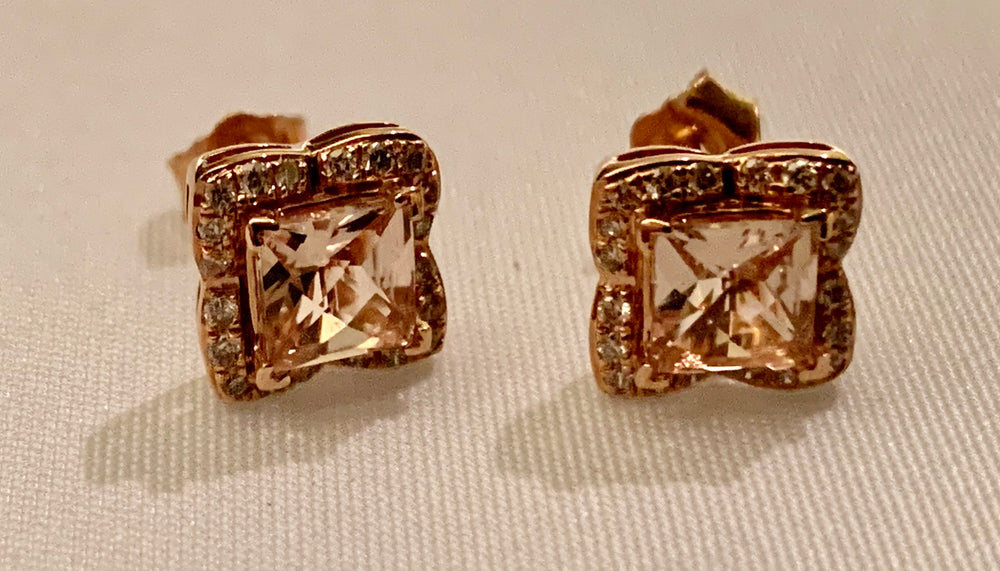 14K Rose Gold Morganite and Diamond Earrings