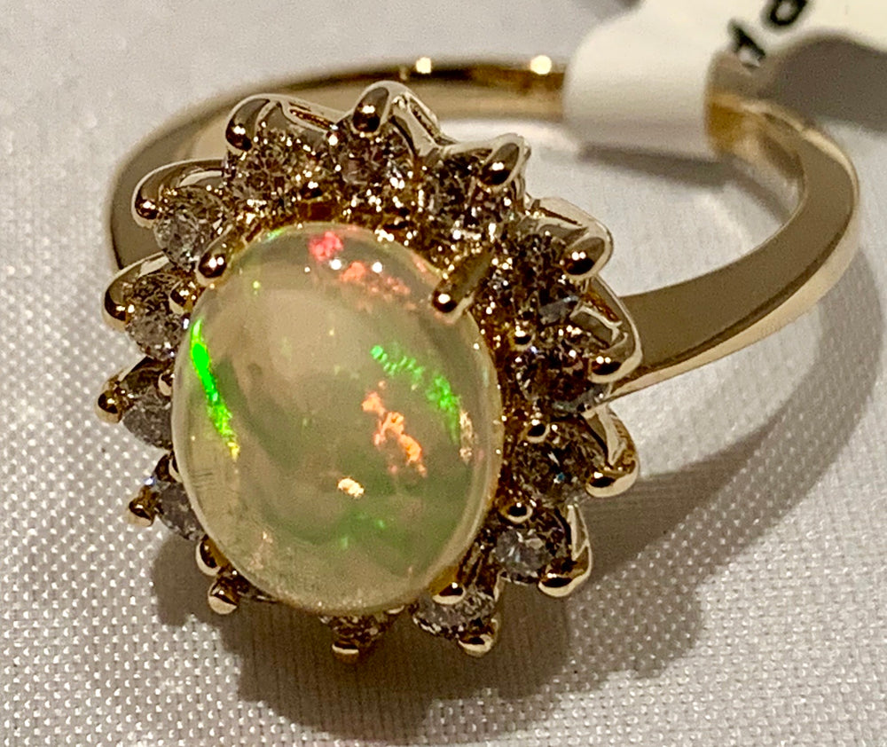 14K Yellow Gold Opal and Diamond Ring