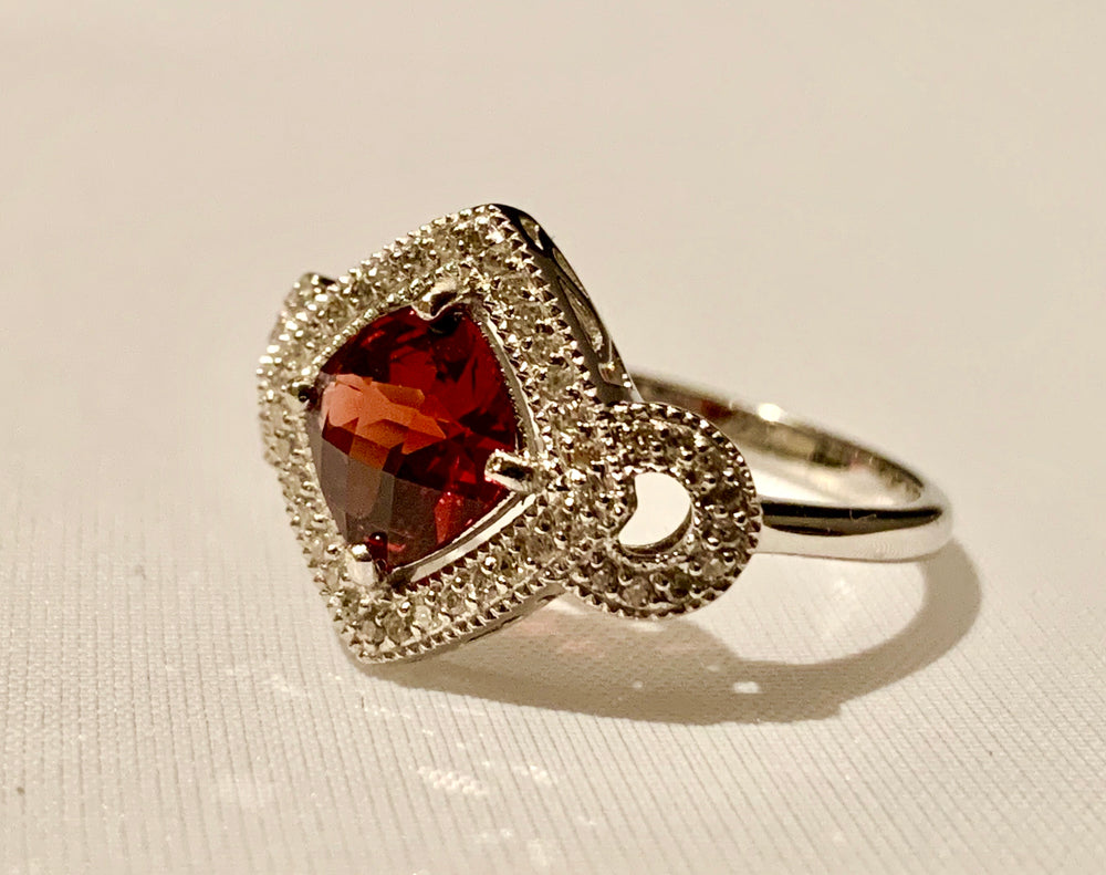 14K WHITE GOLD GARNET AND DIAMOND RING