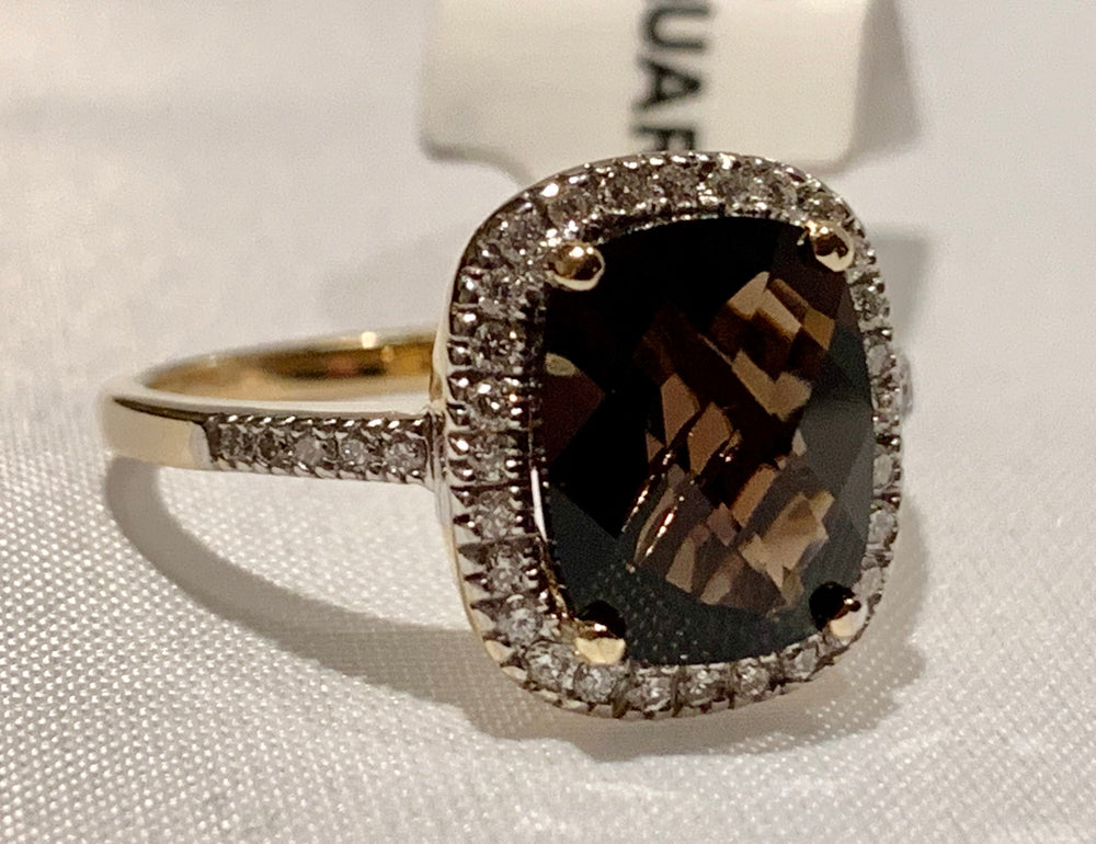 14K Yellow Gold Smokey Quartz and Diamond Ring