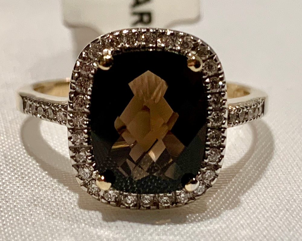 14K Yellow Gold Smokey Quartz and Diamond Ring