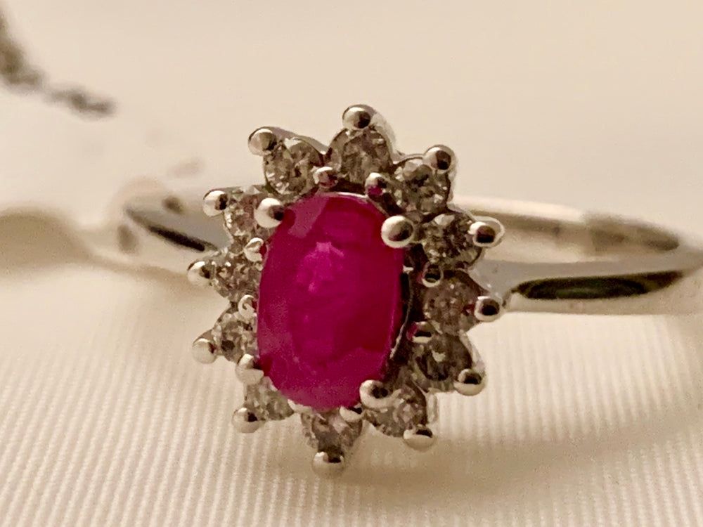 14K WHITE GOLD RUBY & DIAMOND RING