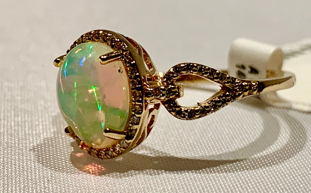 14K Yellow Gold Opal and Diamond Ring