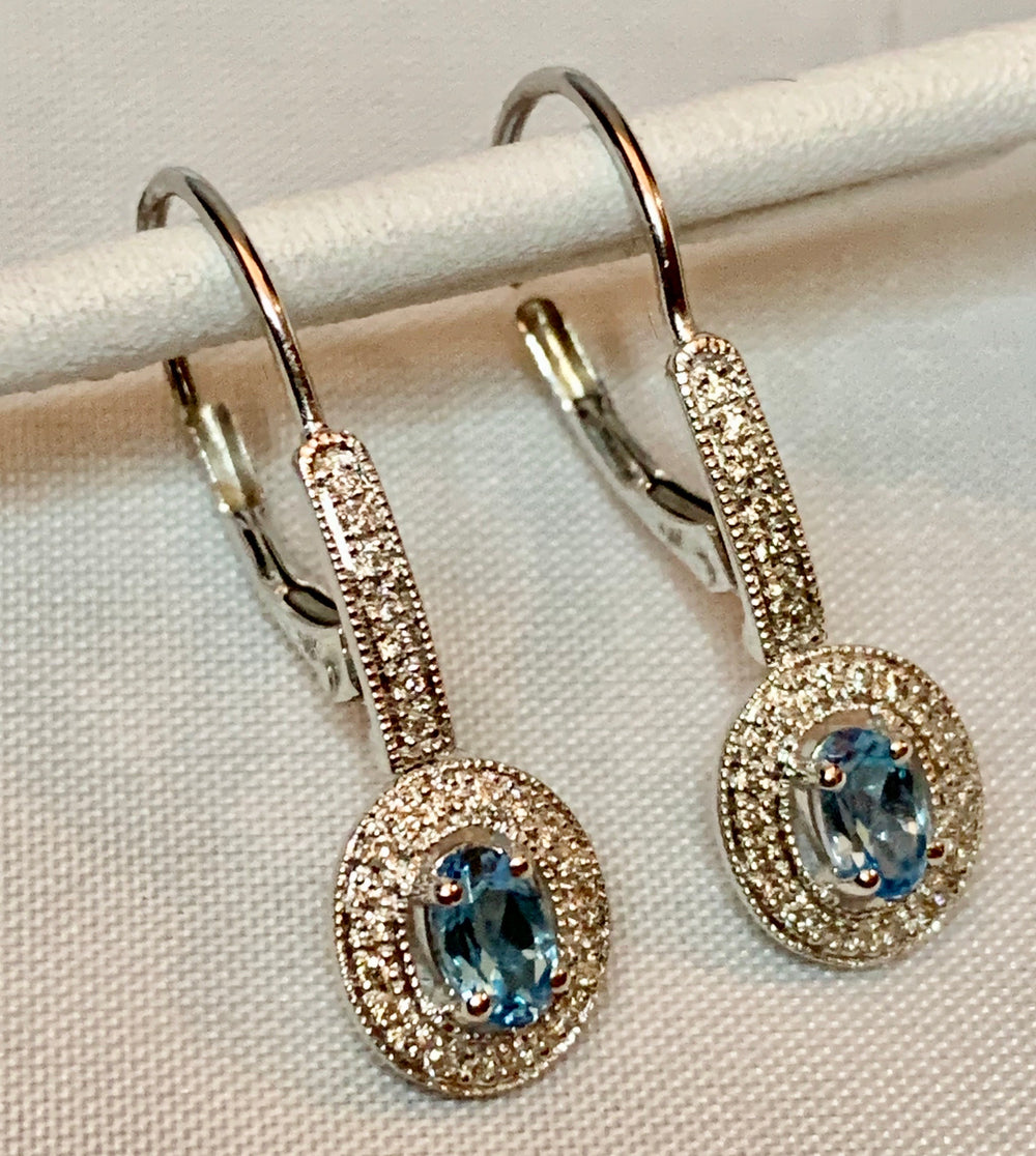 14K White Gold Diamond & Blue Topaz Earrings