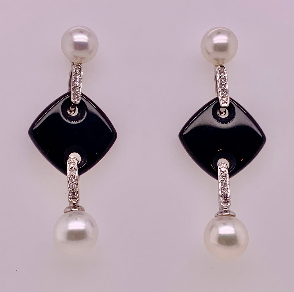 14K Pearl Onyx Diamond Earrings