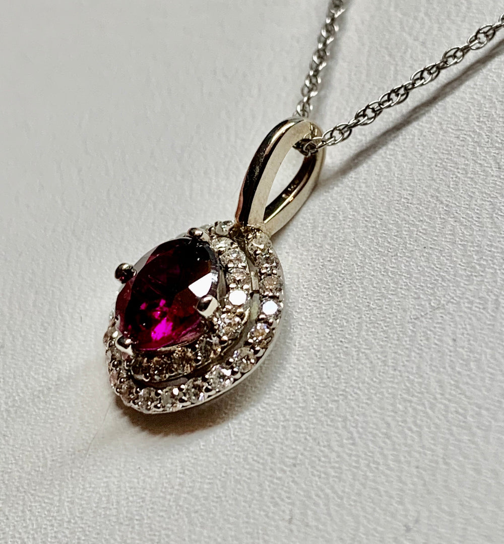 14K White Gold Garnet & Diamond Pendant