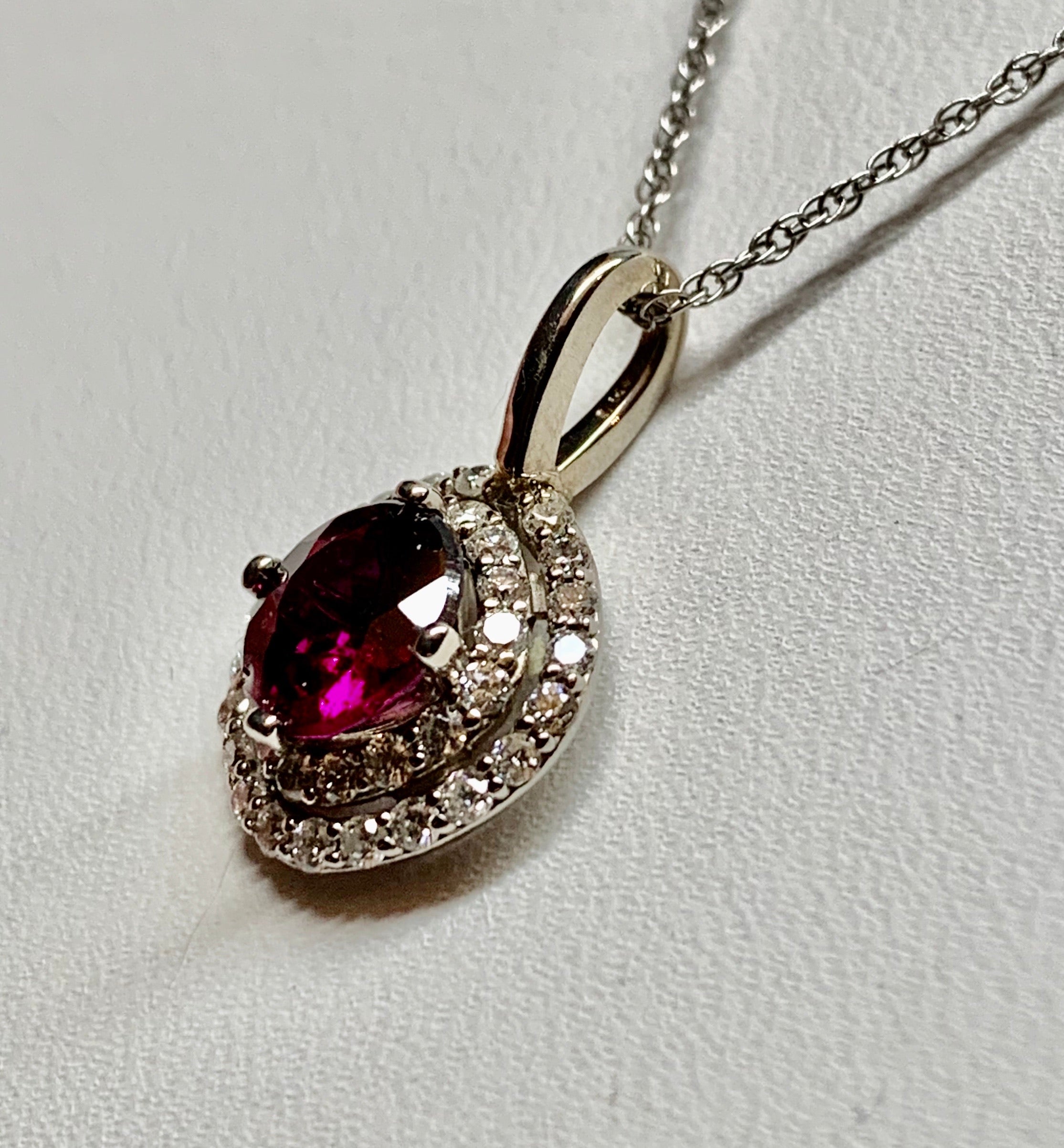 14K White Gold Garnet & Diamond Pendant