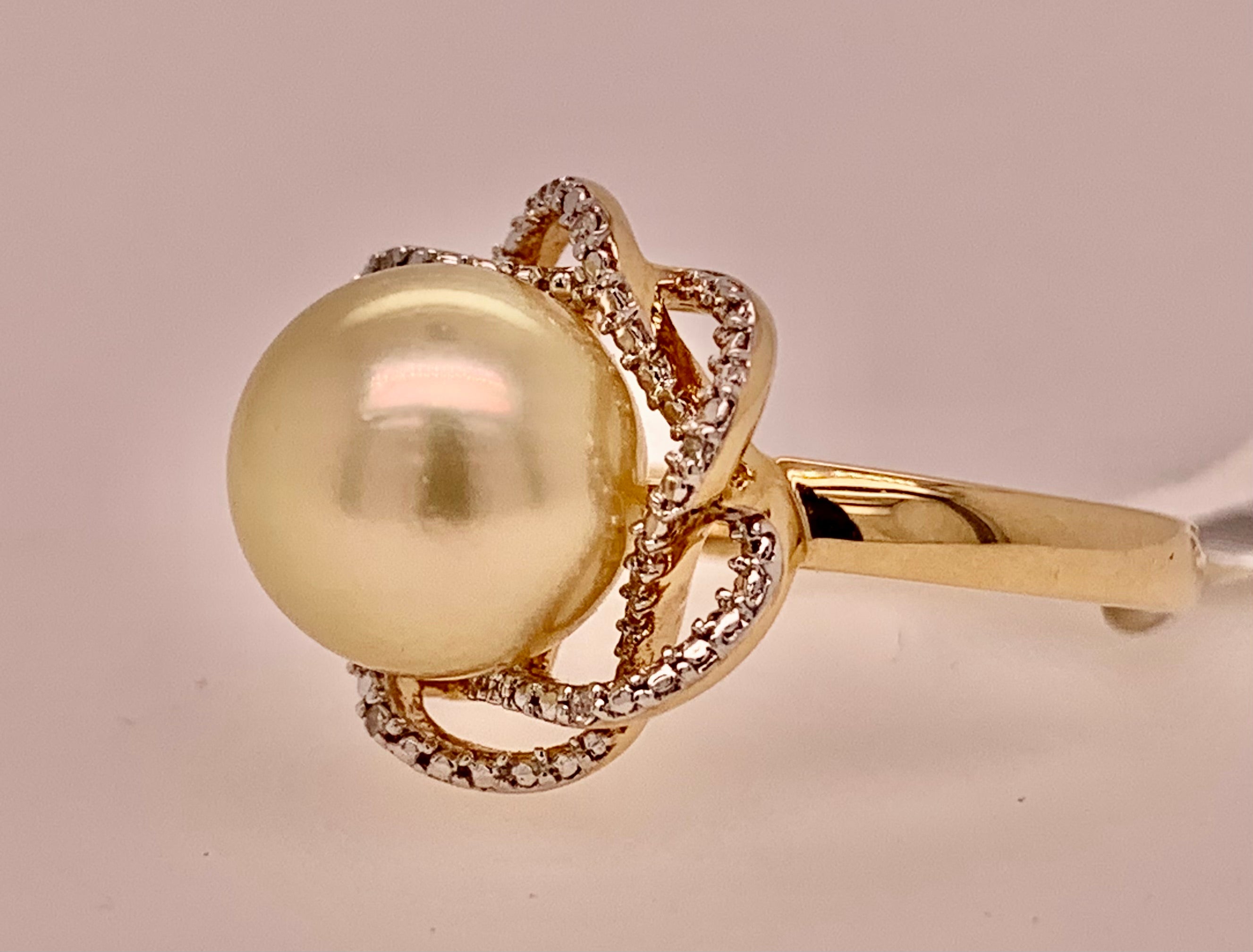 14K Rose Gold Golden Cultured Pearl & Diamond Ring